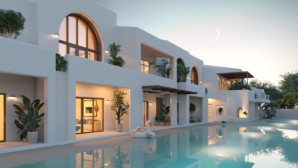 Casa Bohemia Thassos — havuz kenarında beyaz cepheli evler