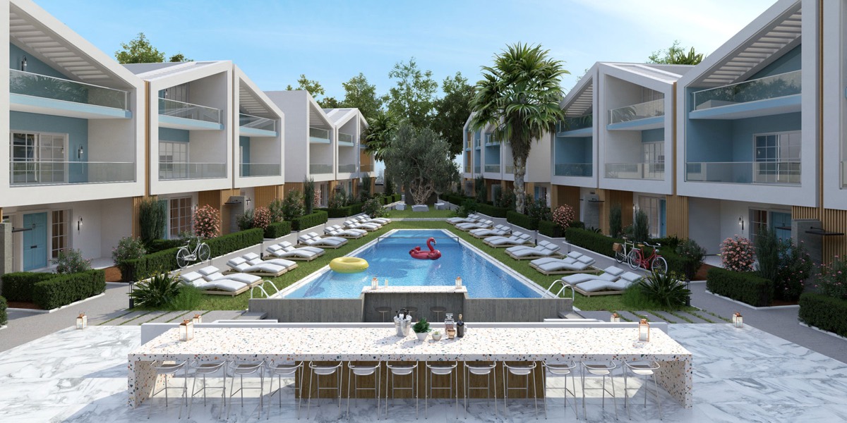 Islandi Thassos V — uzun avlu havuzu ve iki sıra ev